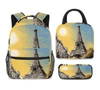 ewndhtse School Backpack Set with Lunch Bag Pencil Case, 3 Pcs School Bookbags Set Travel Rucksack Casual Daypack for Teens Girls Boys Primary Junior Middle - Drawing Eiffer Tower Architecture