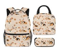 ewndhtse School Backpack Set with Lunch Bag Pencil Case, 3 Pcs School Bookbags Set Travel Rucksack Casual Daypack for Teens Girls Boys Primary Junior Middle - Cute Corgi Paw Footprints