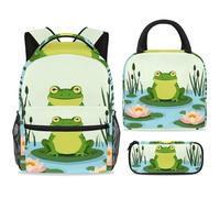 ewndhtse School Backpack Set with Lunch Bag Pencil Case, 3 Pcs School Bookbags Set Travel Rucksack Casual Daypack for Teens Girls Boys Primary Junior Middle - Frog on Pond Blossom Lily