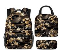 ewndhtse School Backpack Set with Lunch Bag Pencil Case, 3 Pcs School Bookbags Set Travel Rucksack Casual Daypack for Teens Girls Boys Primary Junior Middle - Luxury Japanese Gold Cherry Branches