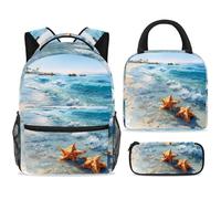 ewndhtse School Backpack Set with Lunch Bag Pencil Case, 3 Pcs School Bookbags Set Travel Rucksack Casual Daypack for Teens Girls Boys Primary Junior Middle - Ocean Seaside Starfishes Painting