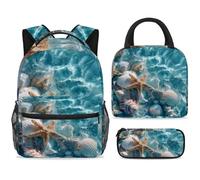 ewndhtse School Backpack Set with Lunch Bag Pencil Case, 3 Pcs School Bookbags Set Travel Rucksack Casual Daypack for Teens Girls Boys Primary Junior Middle - Blue Water Seashells Starfish