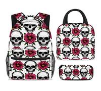 ewndhtse School Backpack Set with Lunch Bag Pencil Case, 3 Pcs School Bookbags Set Travel Rucksack Casual Daypack for Teens Girls Boys Primary Junior Middle - Rose Pink Daisy Skulls