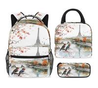 ewndhtse School Backpack Set with Lunch Bag Pencil Case, 3 Pcs School Bookbags Set Travel Rucksack Casual Daypack for Teens Girls Boys Primary Junior Middle - Spring Birds Tower River