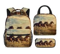 ewndhtse School Backpack Set with Lunch Bag Pencil Case, 3 Pcs School Bookbags Set Travel Rucksack Casual Daypack for Teens Girls Boys Primary Junior Middle - Horse Runs in The Grassland