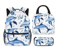 ewndhtse School Backpack Set with Lunch Bag Pencil Case, 3 Pcs School Bookbags Set Travel Rucksack Casual Daypack for Teens Girls Boys Primary Junior Middle - Three Dolphins