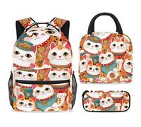 ewndhtse School Backpack Set with Lunch Bag Pencil Case, 3 Pcs School Bookbags Set Travel Rucksack Casual Daypack for Teens Girls Boys Primary Junior Middle - Tradition Maneki Neko Cats