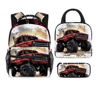 ewndhtse School Backpack Set with Lunch Bag Pencil Case, 3 Pcs School Bookbags Set Travel Rucksack Casual Daypack for Teens Girls Boys Primary Junior Middle - Watercolor Red Monster Car