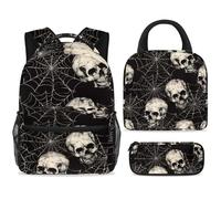 ewndhtse School Backpack Set with Lunch Bag Pencil Case, 3 Pcs School Bookbags Set Travel Rucksack Casual Daypack for Teens Girls Boys Primary Junior Middle - Dead Skull Spider Web