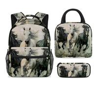 ewndhtse School Backpack Set with Lunch Bag Pencil Case, 3 Pcs School Bookbags Set Travel Rucksack Casual Daypack for Teens Girls Boys Primary Junior Middle - Galloping Black White Horses