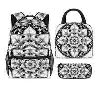 ewndhtse School Backpack Set with Lunch Bag Pencil Case, 3 Pcs School Bookbags Set Travel Rucksack Casual Daypack for Teens Girls Boys Primary Junior Middle - Black White Mandala