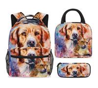 ewndhtse School Backpack Set with Lunch Bag Pencil Case, 3 Pcs School Bookbags Set Travel Rucksack Casual Daypack for Teens Girls Boys Primary Junior Middle - Watercolor Labrador and Cat