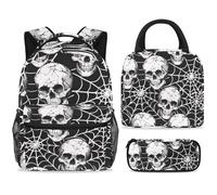 ewndhtse School Backpack Set with Lunch Bag Pencil Case, 3 Pcs School Bookbags Set Travel Rucksack Casual Daypack for Teens Girls Boys Primary Junior Middle - Spider Web Skull