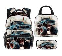 ewndhtse School Backpack Set with Lunch Bag Pencil Case, 3 Pcs School Bookbags Set Travel Rucksack Casual Daypack for Teens Girls Boys Primary Junior Middle - Old Blue Monster Car