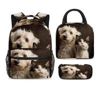 ewndhtse School Backpack Set with Lunch Bag Pencil Case, 3 Pcs School Bookbags Set Travel Rucksack Casual Daypack for Teens Girls Boys Primary Junior Middle - White Yorkshire Terrier and Cat