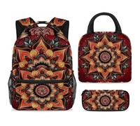 ewndhtse School Backpack Set with Lunch Bag Pencil Case, 3 Pcs School Bookbags Set Travel Rucksack Casual Daypack for Teens Girls Boys Primary Junior Middle - Red Henna Mandala