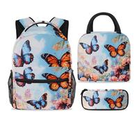 ewndhtse School Backpack Set with Lunch Bag Pencil Case, 3 Pcs School Bookbags Set Travel Rucksack Casual Daypack for Teens Girls Boys Primary Junior Middle - Butterfly Poppy Lavender Wildflower