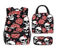 ewndhtse School Backpack Set with Lunch Bag Pencil Case, 3 Pcs School Bookbags Set Travel Rucksack Casual Daypack for Teens Girls Boys Primary Junior Middle - Blossom Flower Dead Skulls