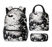 ewndhtse School Backpack Set with Lunch Bag Pencil Case, 3 Pcs School Bookbags Set Travel Rucksack Casual Daypack for Teens Girls Boys Primary Junior Middle - Halloween Dead Tree Pumpkin Bats