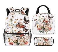 ewndhtse School Backpack Set with Lunch Bag Pencil Case, 3 Pcs School Bookbags Set Travel Rucksack Casual Daypack for Teens Girls Boys Primary Junior Middle - Butterfly on Branch of Wildflowers