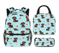 ewndhtse School Backpack Set with Lunch Bag Pencil Case, 3 Pcs School Bookbags Set Travel Rucksack Casual Daypack for Teens Girls Boys Primary Junior Middle - Black Dachshunds Pink Love Heart