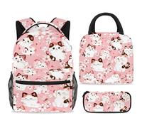 ewndhtse School Backpack Set with Lunch Bag Pencil Case, 3 Pcs School Bookbags Set Travel Rucksack Casual Daypack for Teens Girls Boys Primary Junior Middle - Cute Maneki Neko Cats