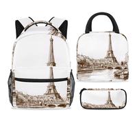 ewndhtse School Backpack Set with Lunch Bag Pencil Case, 3 Pcs School Bookbags Set Travel Rucksack Casual Daypack for Teens Girls Boys Primary Junior Middle - Eiffel Tower River Seine