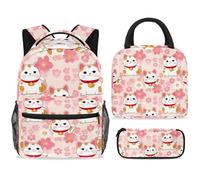 ewndhtse School Backpack Set with Lunch Bag Pencil Case, 3 Pcs School Bookbags Set Travel Rucksack Casual Daypack for Teens Girls Boys Primary Junior Middle - Maneki Neko Cats Pink Cherry