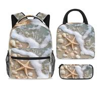 ewndhtse School Backpack Set with Lunch Bag Pencil Case, 3 Pcs School Bookbags Set Travel Rucksack Casual Daypack for Teens Girls Boys Primary Junior Middle - Beach Seashells Starfish
