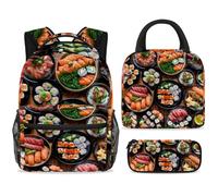 ewndhtse School Backpack Set with Lunch Bag Pencil Case, 3 Pcs School Bookbags Set Travel Rucksack Casual Daypack for Teens Girls Boys Primary Junior Middle - Japanese Food Sushi Feast