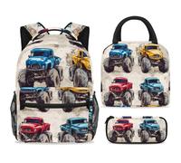 ewndhtse School Backpack Set with Lunch Bag Pencil Case, 3 Pcs School Bookbags Set Travel Rucksack Casual Daypack for Teens Girls Boys Primary Junior Middle - Blue Yellow Red Monster Trucks