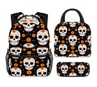 ewndhtse School Backpack Set with Lunch Bag Pencil Case, 3 Pcs School Bookbags Set Travel Rucksack Casual Daypack for Teens Girls Boys Primary Junior Middle - Sugar Skulls and Marigolds