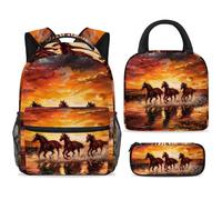 ewndhtse School Backpack Set with Lunch Bag Pencil Case, 3 Pcs School Bookbags Set Travel Rucksack Casual Daypack for Teens Girls Boys Primary Junior Middle - Horses Running on Sunrise Sea