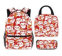 ewndhtse School Backpack Set with Lunch Bag Pencil Case, 3 Pcs School Bookbags Set Travel Rucksack Casual Daypack for Teens Girls Boys Primary Junior Middle - Seamless Maneki Neko Cats