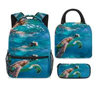 ewndhtse School Backpack Set with Lunch Bag Pencil Case, 3 Pcs School Bookbags Set Travel Rucksack Casual Daypack for Teens Girls Boys Primary Junior Middle - Turtle Swim in Sea