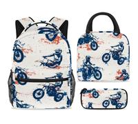 ewndhtse School Backpack Set with Lunch Bag Pencil Case, 3 Pcs School Bookbags Set Travel Rucksack Casual Daypack for Teens Girls Boys Primary Junior Middle - Motorbike Crossing