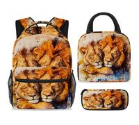 ewndhtse School Backpack Set with Lunch Bag Pencil Case, 3 Pcs School Bookbags Set Travel Rucksack Casual Daypack for Teens Girls Boys Primary Junior Middle - Sleeping Lions