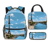 ewndhtse School Backpack Set with Lunch Bag Pencil Case, 3 Pcs School Bookbags Set Travel Rucksack Casual Daypack for Teens Girls Boys Primary Junior Middle - Seine River Eiffer Tower Cityscape