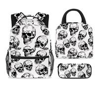 ewndhtse School Backpack Set with Lunch Bag Pencil Case, 3 Pcs School Bookbags Set Travel Rucksack Casual Daypack for Teens Girls Boys Primary Junior Middle - Human Skull