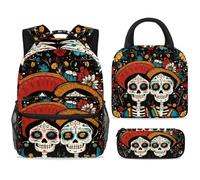 ewndhtse School Backpack Set with Lunch Bag Pencil Case, 3 Pcs School Bookbags Set Travel Rucksack Casual Daypack for Teens Girls Boys Primary Junior Middle - Two Mexican Sugar Skull Skeleton