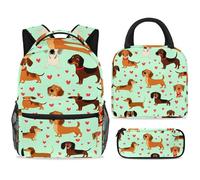 ewndhtse School Backpack Set with Lunch Bag Pencil Case, 3 Pcs School Bookbags Set Travel Rucksack Casual Daypack for Teens Girls Boys Primary Junior Middle - Funny Dachshunds Love Hearts