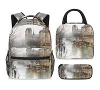 ewndhtse School Backpack Set with Lunch Bag Pencil Case, 3 Pcs School Bookbags Set Travel Rucksack Casual Daypack for Teens Girls Boys Primary Junior Middle - Cold Winter River Building