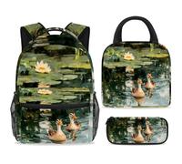 ewndhtse School Backpack Set with Lunch Bag Pencil Case, 3 Pcs School Bookbags Set Travel Rucksack Casual Daypack for Teens Girls Boys Primary Junior Middle - Indian Runner Ducks on Lotus Pond