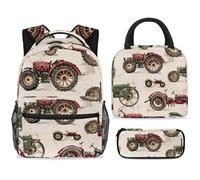 ewndhtse School Backpack Set with Lunch Bag Pencil Case, 3 Pcs School Bookbags Set Travel Rucksack Casual Daypack for Teens Girls Boys Primary Junior Middle - Vintage Tractors Farm Machinery
