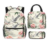 ewndhtse School Backpack Set with Lunch Bag Pencil Case, 3 Pcs School Bookbags Set Travel Rucksack Casual Daypack for Teens Girls Boys Primary Junior Middle - Herons Fly Among Peony Tree