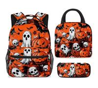 ewndhtse School Backpack Set with Lunch Bag Pencil Case, 3 Pcs School Bookbags Set Travel Rucksack Casual Daypack for Teens Girls Boys Primary Junior Middle - Halloween Pumpkin Ghosts Cross Bats