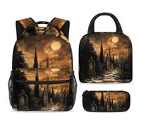 ewndhtse School Backpack Set with Lunch Bag Pencil Case, 3 Pcs School Bookbags Set Travel Rucksack Casual Daypack for Teens Girls Boys Primary Junior Middle - Graveyard