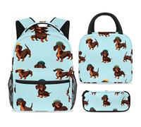 ewndhtse School Backpack Set with Lunch Bag Pencil Case, 3 Pcs School Bookbags Set Travel Rucksack Casual Daypack for Teens Girls Boys Primary Junior Middle - Dachshunds Dogs in Hat