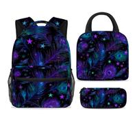ewndhtse School Backpack Set with Lunch Bag Pencil Case, 3 Pcs School Bookbags Set Travel Rucksack Casual Daypack for Teens Girls Boys Primary Junior Middle - Glowing Stars Peacock Feathers
