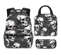 ewndhtse School Backpack Set with Lunch Bag Pencil Case, 3 Pcs School Bookbags Set Travel Rucksack Casual Daypack for Teens Girls Boys Primary Junior Middle - Cracked Skull Spiderweb